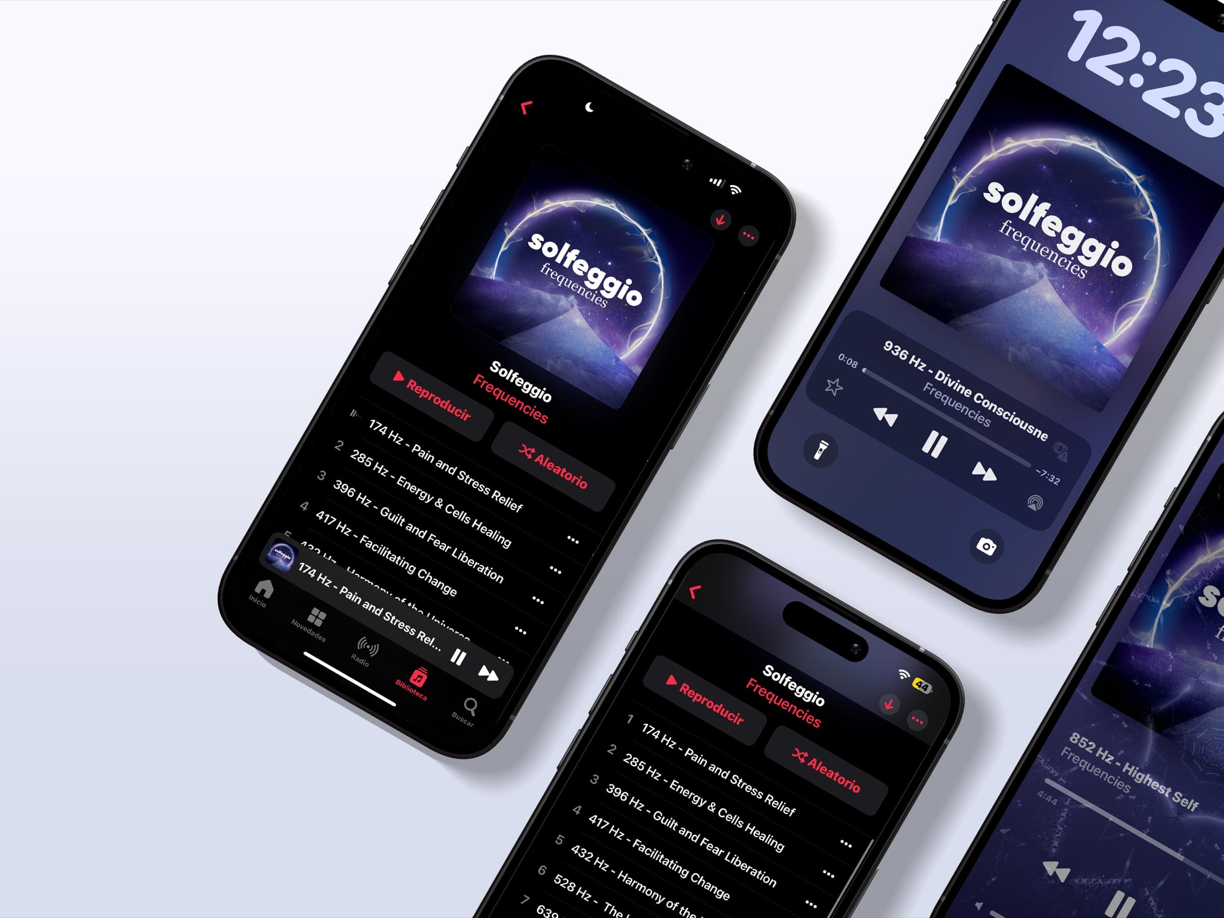 SelfLove Solfeggio frequency interface on multiple phones