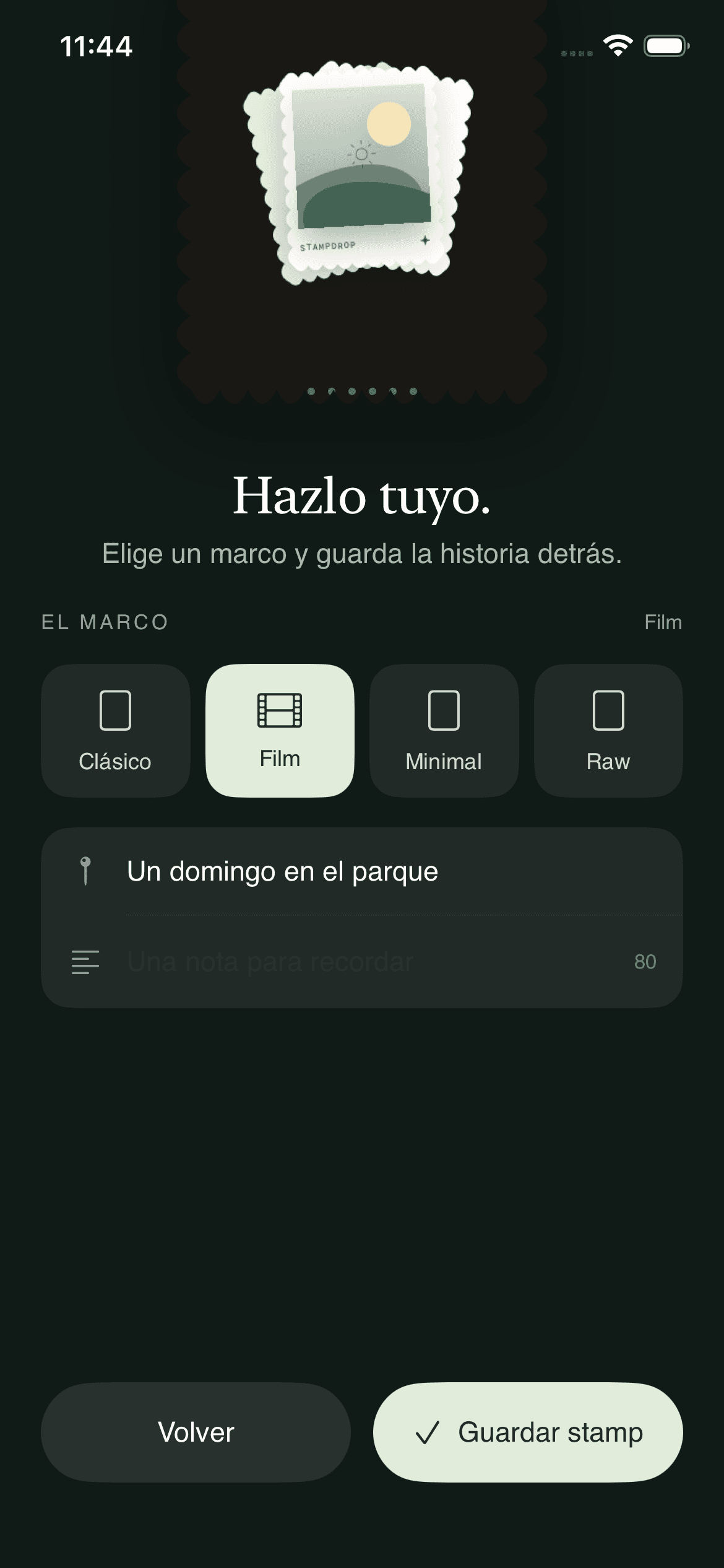 Editor de StampDrop con el marco Film y una ilustración de ejemplo