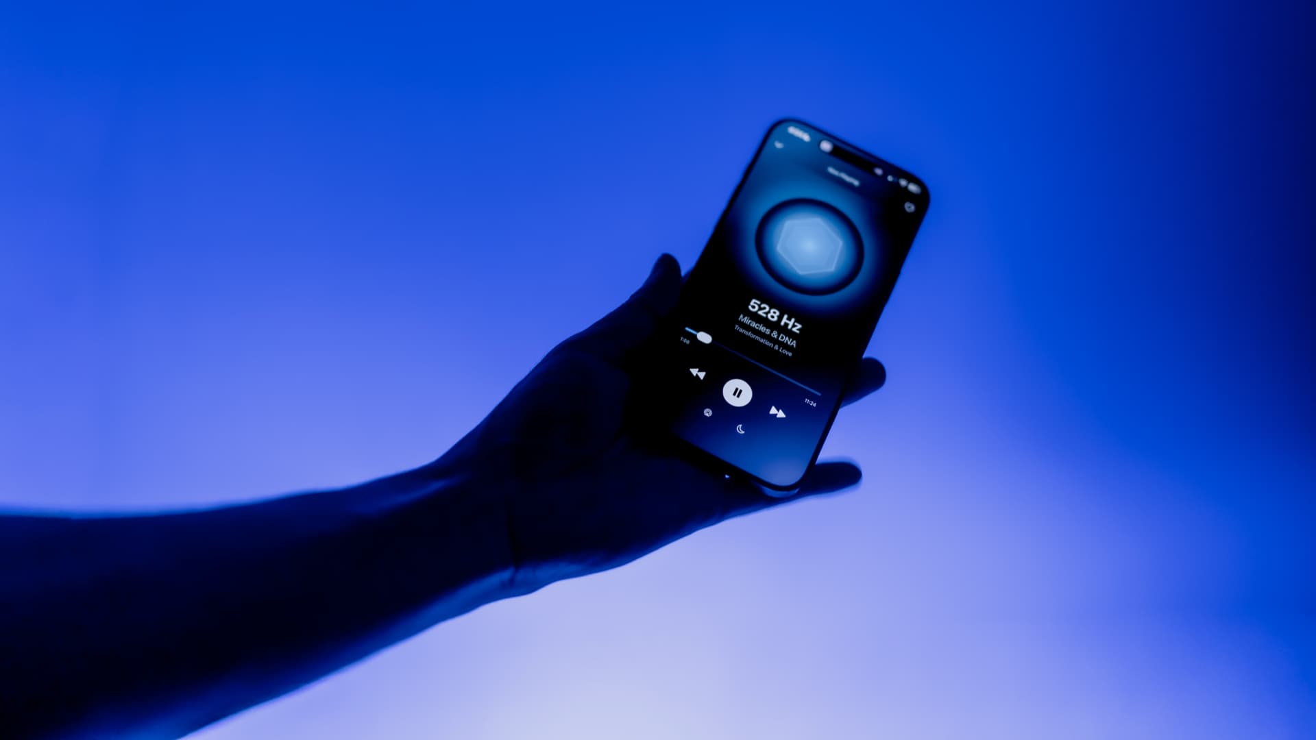 SelfLove 528 Hz app player in blue cinematic light