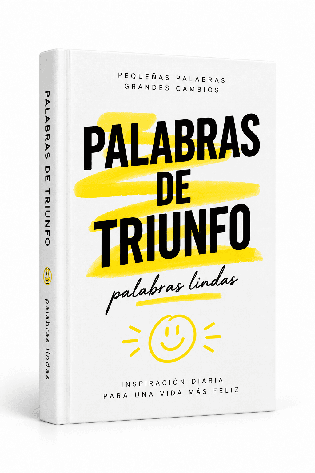 Libro Palabras de Triunfo con portada blanca, letras negras y trazos amarillos