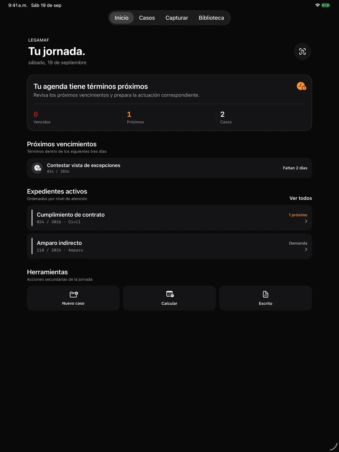 Tu jornada en LEGAMAF para iPad, con expedientes y próximos términos de demostración