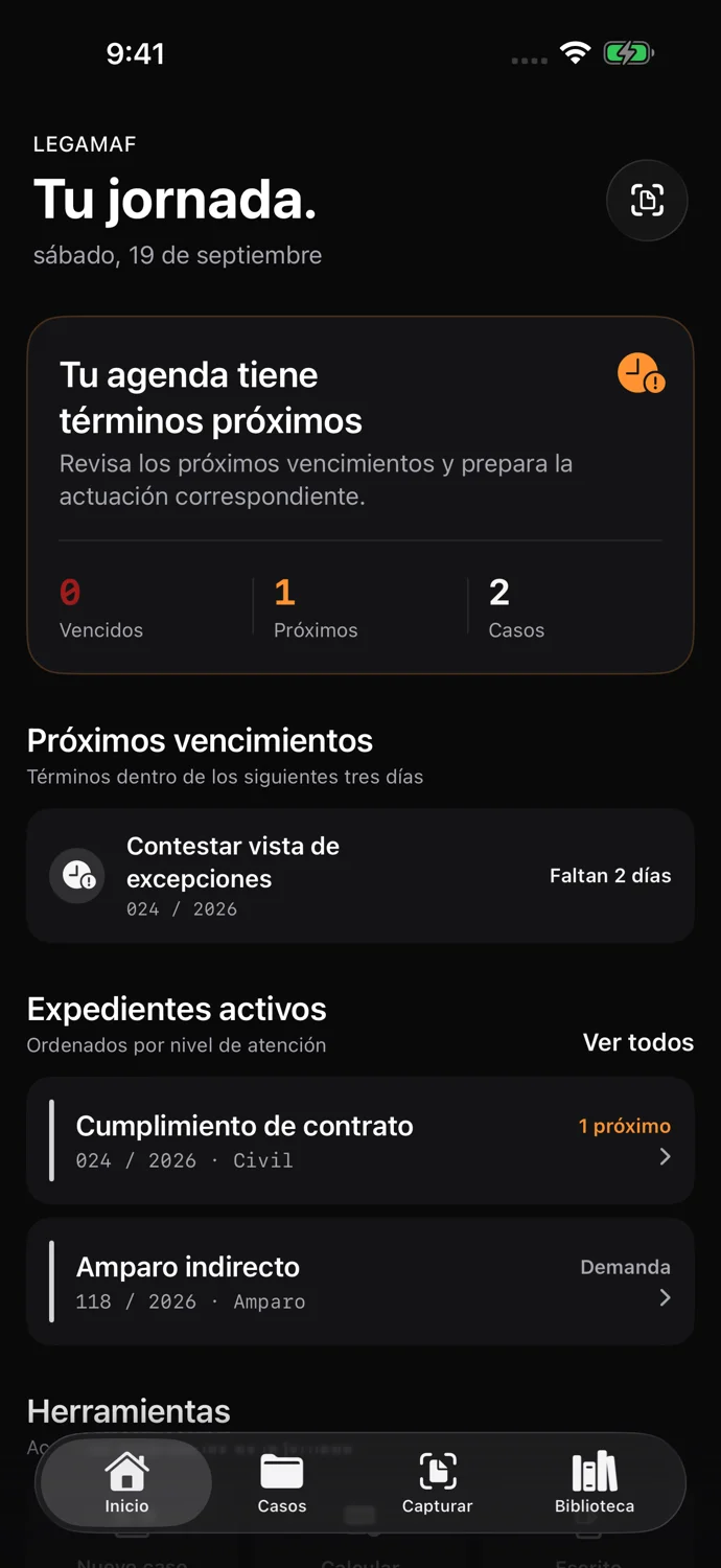 LEGAMAF en iPhone: Tu jornada. Pantalla real con datos ficticios.