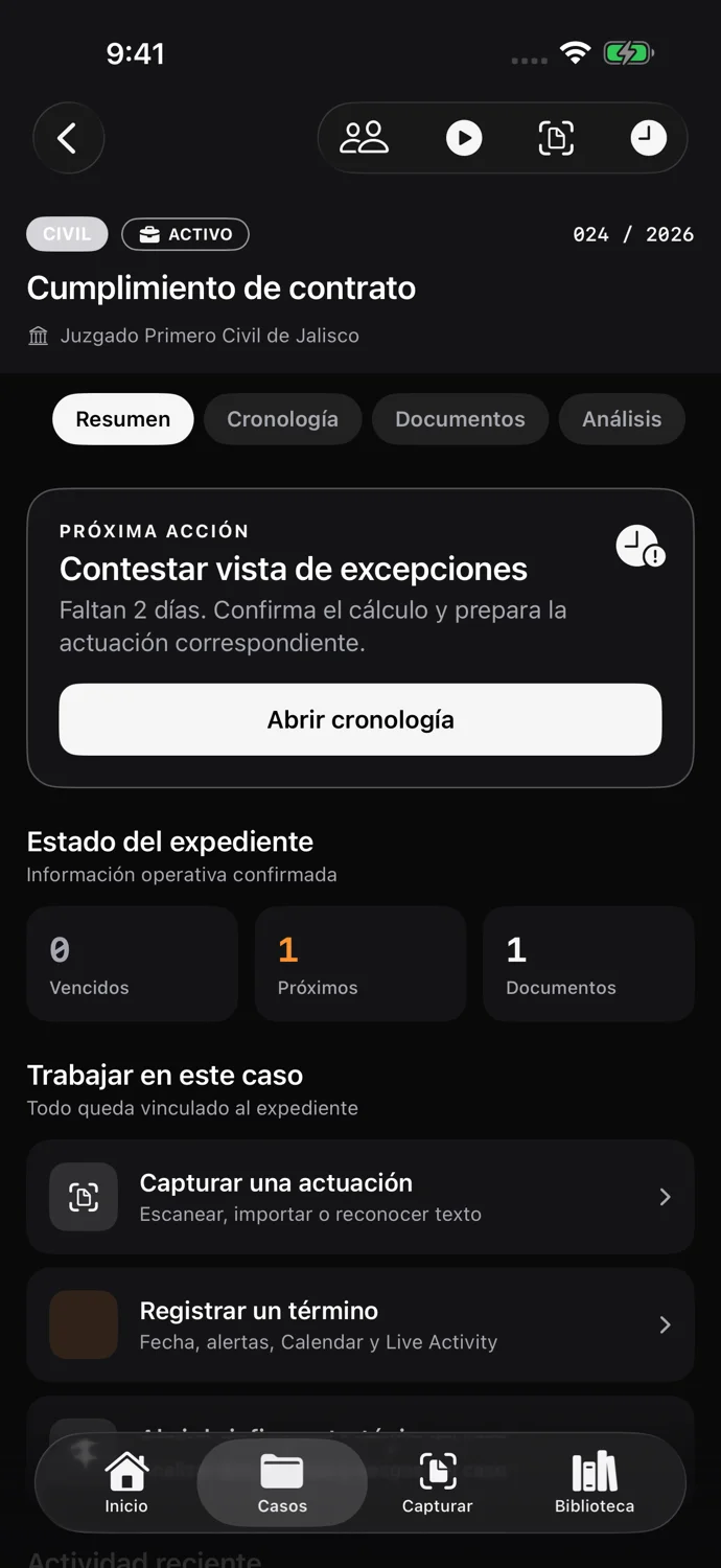 Expediente en LEGAMAF para iPhone con datos de demostración