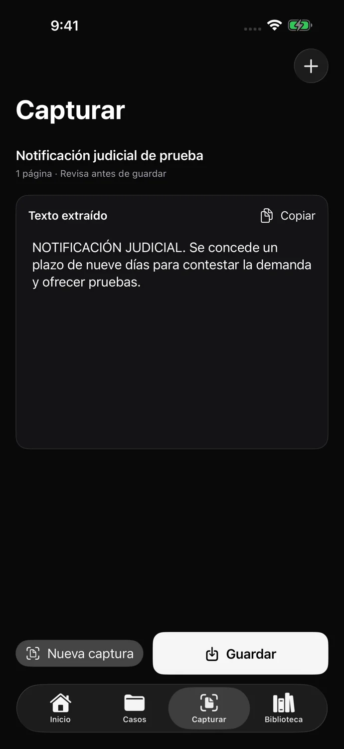 Captura real con texto extraído y botón Guardar