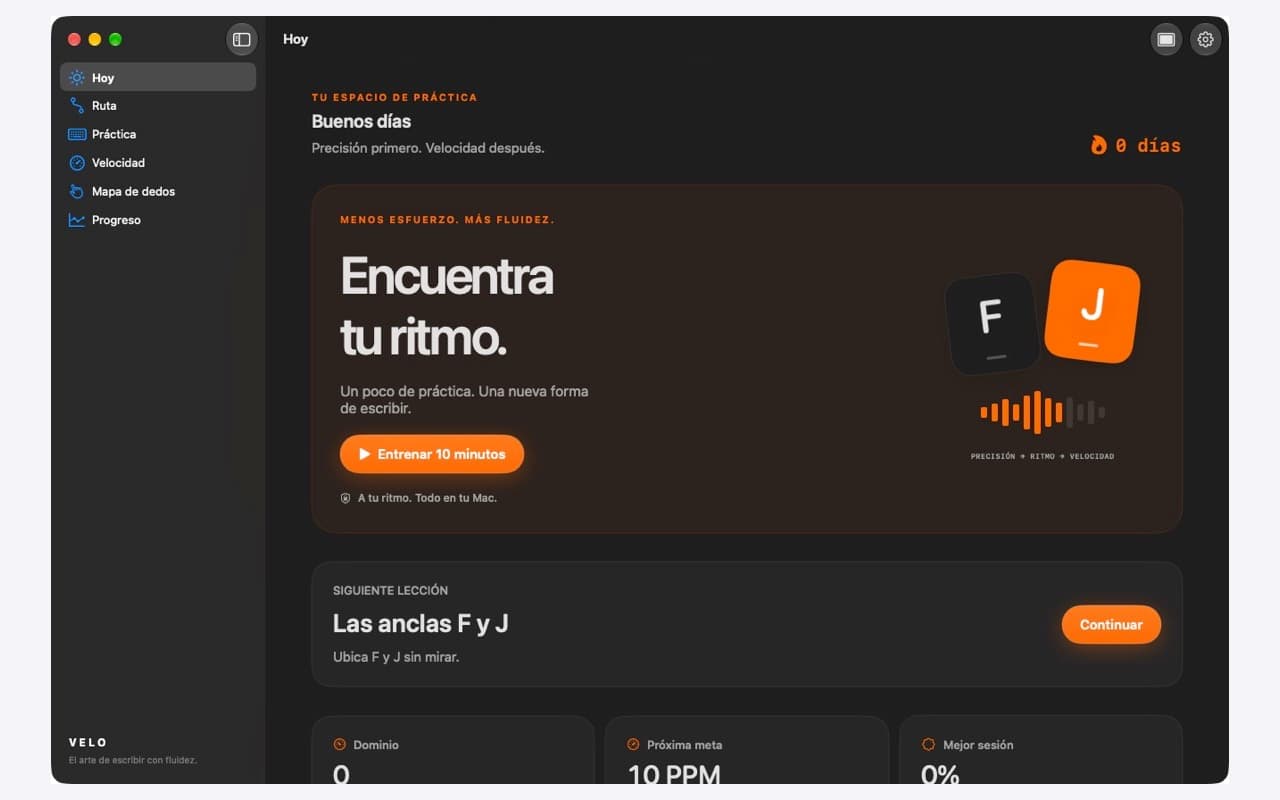 Pantalla Hoy de VELO con plan de práctica