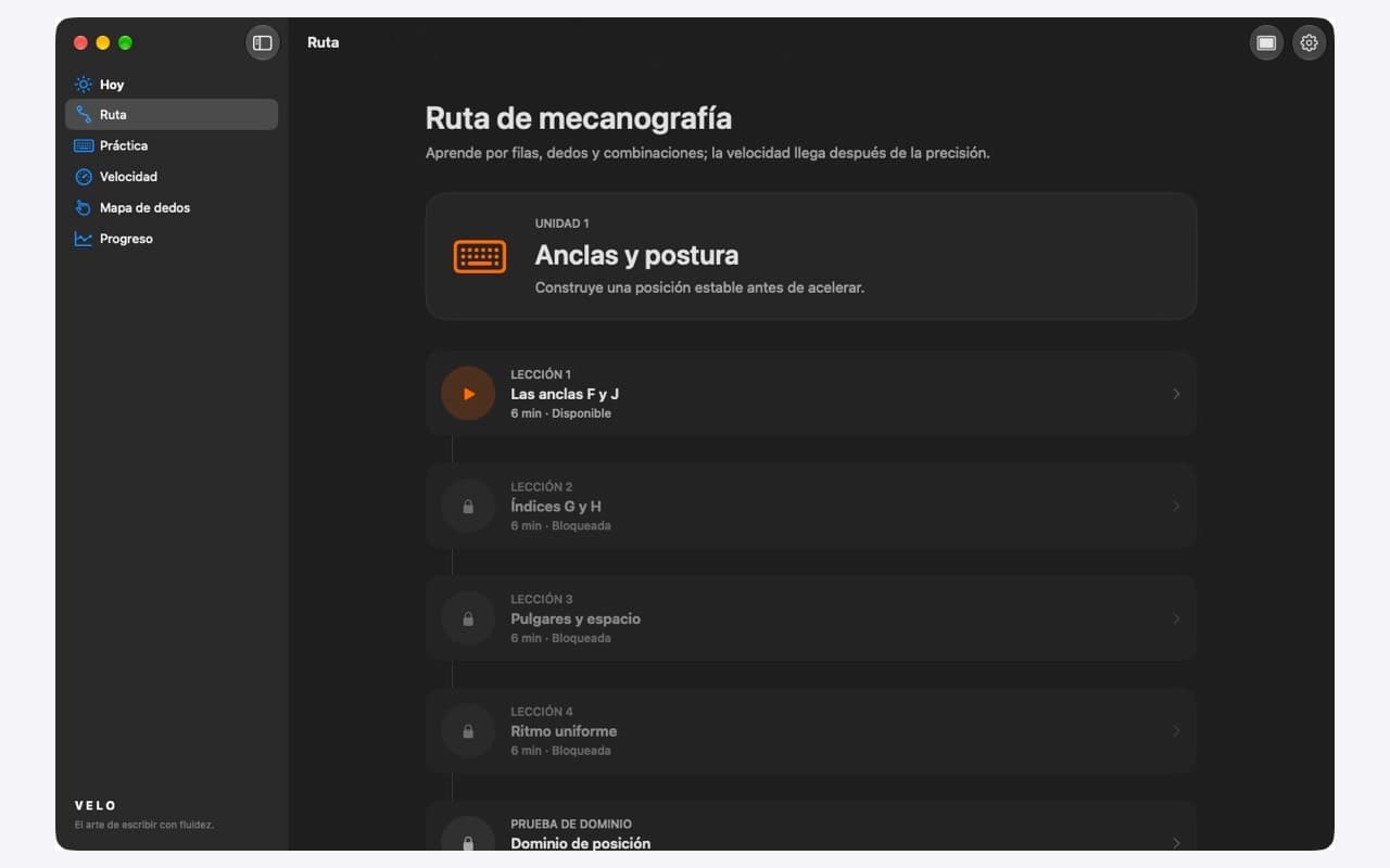 Ruta de 36 lecciones de VELO