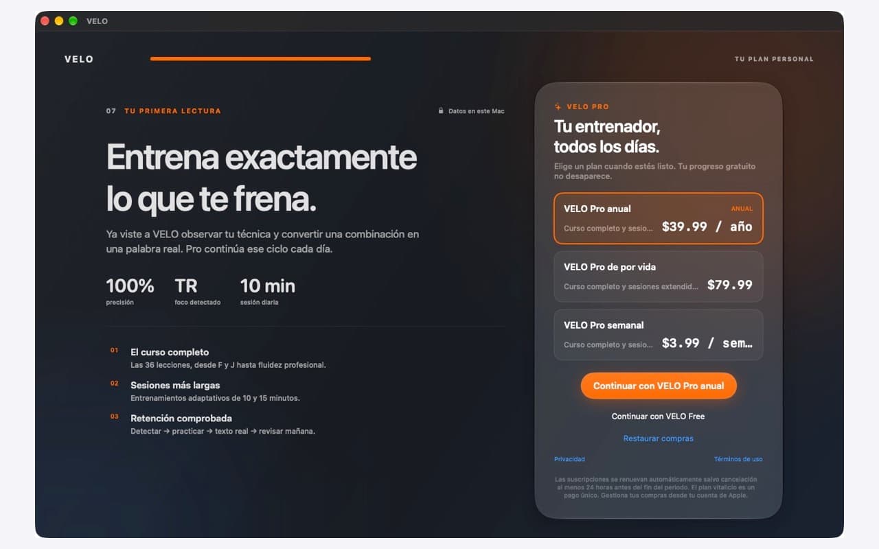 Opciones VELO Pro dentro de la app