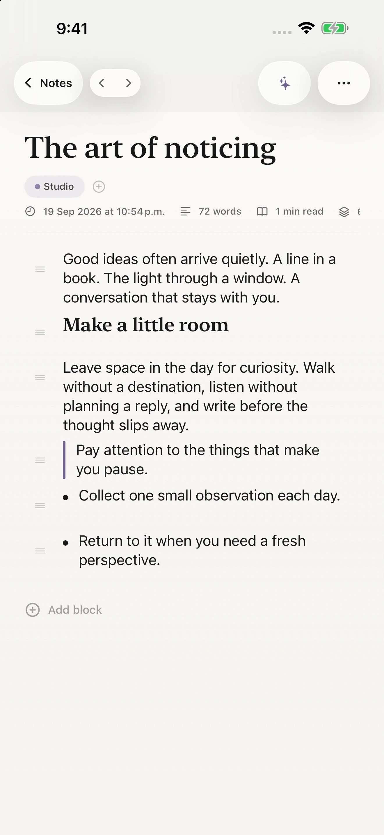 The AURA Notes block editor on iPhone