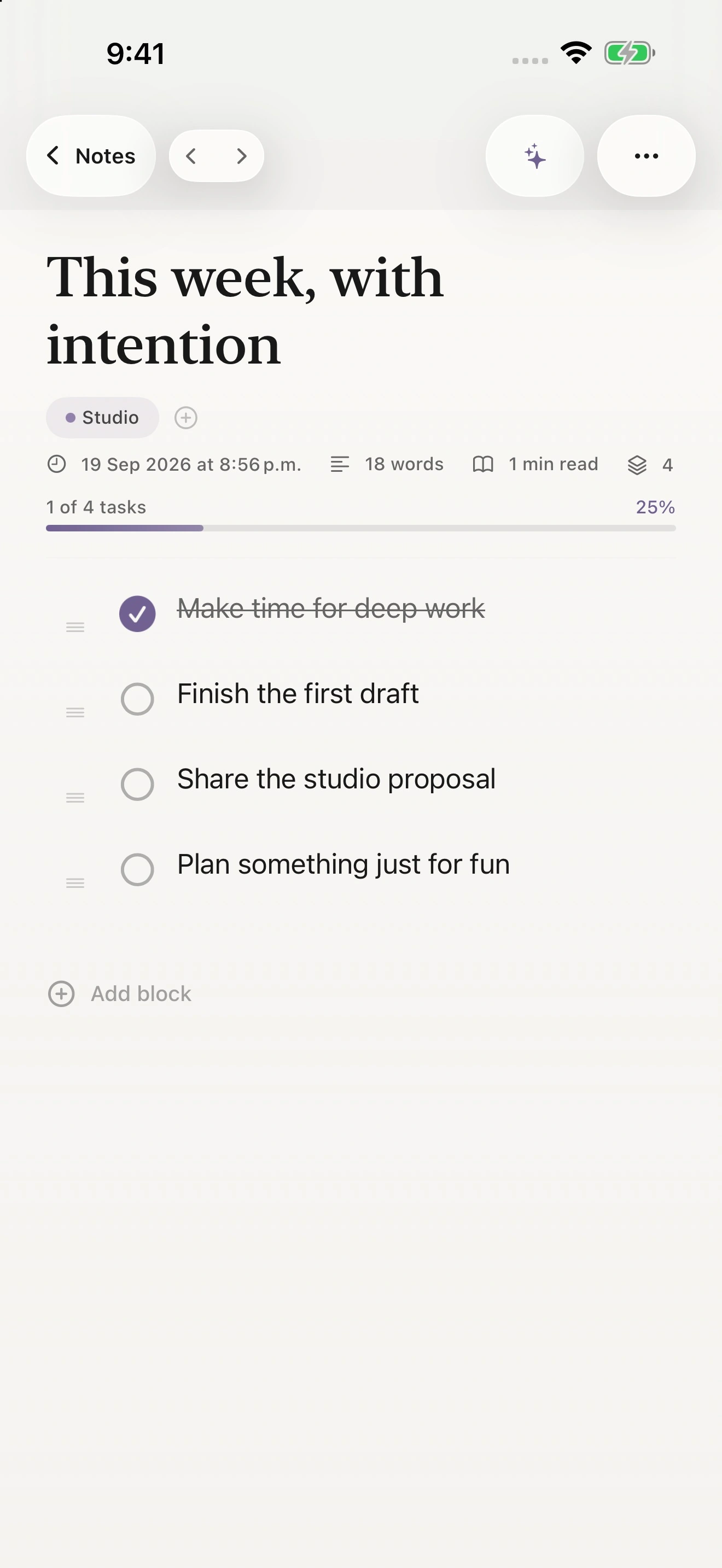 AURA Notes on iPhone displaying tasks and checklist progress